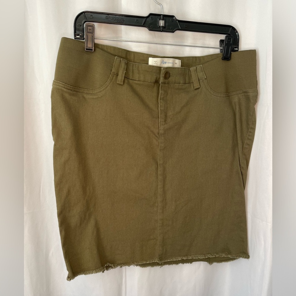 Olive Green Denim Maternity Skirt, Ripe, Medium. Stretch elastic waist.